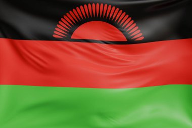 Malawi 'nin gerçekçi kumaş desenli bayrak sallaması. Kumaş katlanır ve dalgalanır zarif tekstil hareketi yaratır, özgürlük ve kimlik için soyut pankart sembolü.