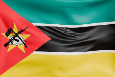 Mozambik 'in gerçekçi kumaş desenli bayrak arkaplanı. Kumaş katlanır ve dalgalanır zarif tekstil hareketi yaratır, özgürlük ve kimlik için soyut pankart sembolü.