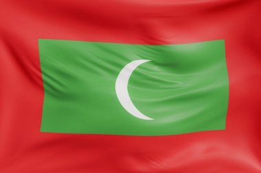 Yakın plan Maldivler gerçekçi kumaş desenli bayrak sallıyor. Kumaş katlanır ve dalgalanır zarif tekstil hareketi yaratır, özgürlük ve kimlik için soyut pankart sembolü.