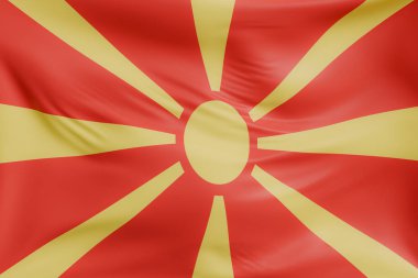 Kuzey Makedonya 'nın yakın planında gerçekçi kumaş dokusuna sahip bayrak sallanıyor. Kumaş katlanır ve dalgalanır zarif tekstil hareketi yaratır, özgürlük ve kimlik için soyut pankart sembolü.