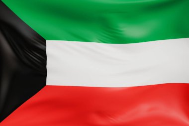 Kuveyt 'in gerçekçi kumaş desenli bayrak sallaması. Kumaş katlanır ve dalgalanır zarif tekstil hareketi yaratır, özgürlük ve kimlik için soyut pankart sembolü.