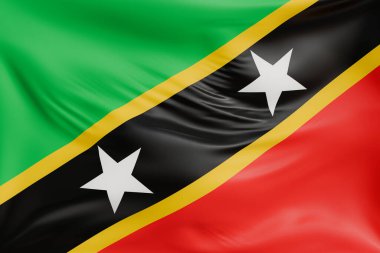 Yakın plan Saint Kitts ve Nevis gerçekçi kumaş dokusuyla bayrak sallıyor. Kumaş katlanır ve dalgalanır zarif tekstil hareketi yaratır, özgürlük ve kimlik için soyut pankart sembolü.