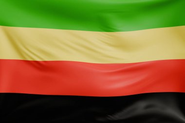 Yakın plan Bamileke Ulusal Hareketi gerçekçi kumaş dokusuyla bayrak sallıyor. Kumaş katlanır ve dalgalanır zarif tekstil hareketi yaratır, özgürlük ve kimlik için soyut pankart sembolü.