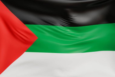 Yakın plan Hejaz 1917 'de gerçekçi kumaş dokusuyla bayrak sallıyordu. Kumaş katlanır ve dalgalanır zarif tekstil hareketi yaratır, özgürlük ve kimlik için soyut pankart sembolü.