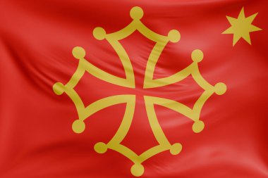 Occitania 'ya yakın plan, yıldız dalgalanan bayraklar ve gerçekçi kumaş dokusuyla. Kumaş katlanır ve dalgalanır zarif tekstil hareketi yaratır, özgürlük ve kimlik için soyut pankart sembolü.