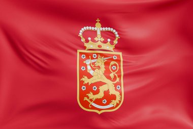 Yakın plan Finlandiya 1918-1920 (Devlet) gerçekçi kumaş dokusuna sahip bayrak sallama arka planı. Kumaş katlanır ve dalgalanır zarif tekstil hareketi yaratır, özgürlük ve kimlik için soyut pankart sembolü.