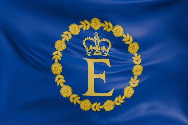 Kraliçe II. Elizabeth 'in gerçekçi kumaş dokusuyla sallanan bayrağının yakın plan resmi. Kumaş katlanır ve dalgalanır zarif tekstil hareketi yaratır, özgürlük ve kimlik için soyut pankart sembolü.