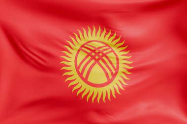Kırgızistan 'ın gerçekçi kumaş desenli bayrak sallama arkaplanı. Kumaş katlanır ve dalgalanır zarif tekstil hareketi yaratır, özgürlük ve kimlik için soyut pankart sembolü.