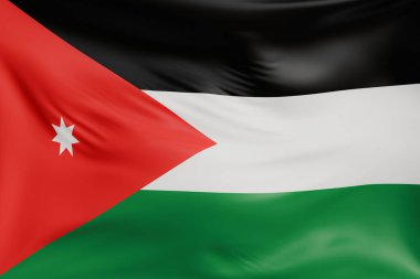 Ürdün bayrak sallama arka planının gerçekçi kumaş dokusuyla yakın plan çekimi. Kumaş katlanır ve dalgalanır zarif tekstil hareketi yaratır, özgürlük ve kimlik için soyut pankart sembolü.