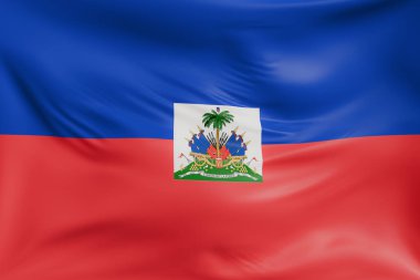 Gerçekçi kumaş dokusuna sahip Haiti dalgalanan bayraklar yakın plan. Kumaş katlanır ve dalgalanır zarif tekstil hareketi yaratır, özgürlük ve kimlik için soyut pankart sembolü.