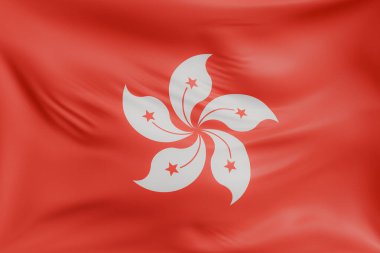 Hong Kong 'un gerçekçi kumaş desenli bayrak sallama arkaplanı. Kumaş katlanır ve dalgalanır zarif tekstil hareketi yaratır, özgürlük ve kimlik için soyut pankart sembolü.