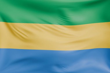 Gabon 'un gerçekçi kumaş desenli bayrak sallama arkaplanı. Kumaş katlanır ve dalgalanır zarif tekstil hareketi yaratır, özgürlük ve kimlik için soyut pankart sembolü.