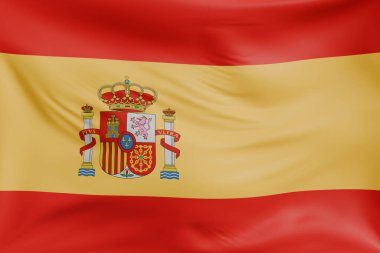 Yakın plan İspanya sallanan bayraklar gerçekçi kumaş dokusuna sahip. Kumaş katlanır ve dalgalanır zarif tekstil hareketi yaratır, özgürlük ve kimlik için soyut pankart sembolü.