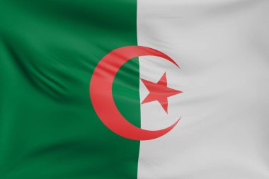 Yakın plan Cezayir bayrağı sallayarak gerçekçi kumaş dokusuna sahip. Kumaş katlanır ve dalgalanır zarif tekstil hareketi yaratır, özgürlük ve kimlik için soyut pankart sembolü.