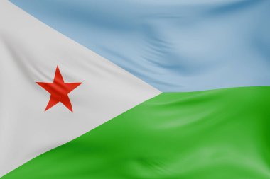 Cibuti 'nin gerçekçi kumaş desenli bayrak sallama arkaplanı. Kumaş katlanır ve dalgalanır zarif tekstil hareketi yaratır, özgürlük ve kimlik için soyut pankart sembolü.
