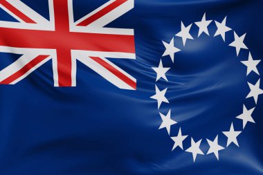 Yakın plan Cook Adaları gerçekçi kumaş desenli bayrak sallıyor. Kumaş katlanır ve dalgalanır zarif tekstil hareketi yaratır, özgürlük ve kimlik için soyut pankart sembolü.