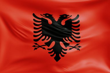 Arnavutluk 'un gerçekçi kumaş dokusuna sahip bayrak sallayan yakın plan çekimleri. Kumaş katlanır ve dalgalanır zarif tekstil hareketi yaratır, özgürlük ve kimlik için soyut pankart sembolü.