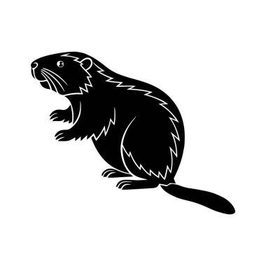 Siyah bir kunduz silueti beyaz bir arka plana karşı arka ayaklarının üzerinde duruyor. Beyaz çizgiler kürkünü, patilerini ve yüz hatlarını vurgular.