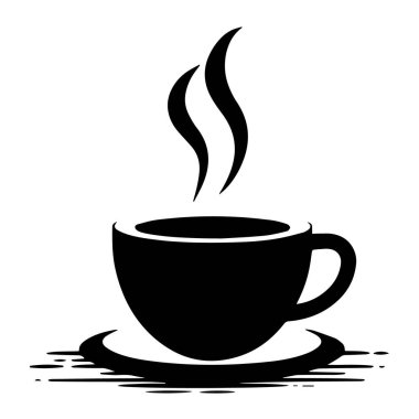 Kahve fincanının siyah bir silueti ve yükselen buharı bir fincan tabağının üzerinde duruyor. Dökülen sıvı çay tabağının etrafında soyut şekiller oluşturur..