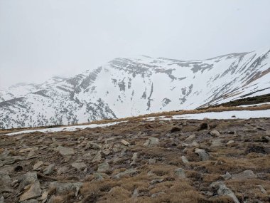 Karla kaplı tepeler ve engebeli kayalık bir ön plandan oluşan dramatik bir kış dağı sahnesi. Kompozisyon, yüksek rakımlı arazinin ham güzelliğini yakalıyor. Orada altın-kahverengi çimen parçaları dağınık taşların arasından gözetliyor..