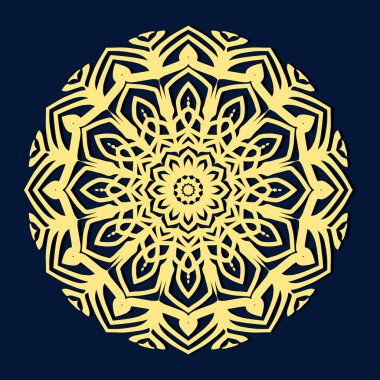 Premium baskı tasarımları için ayrıntılı süslü mandala deseni. Zarif ev dekorasyonu için dekoratif altın mandala elementi.