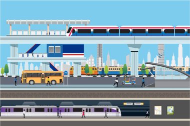 Tayland 'ın demiryolu ve ulaşım sistemiyle Bangkok' un Vector City 'sinde gökyüzü treni. Vector City of Bangkok Tayland 'ın tren, tren ve ulaşım sistemine sahip.
