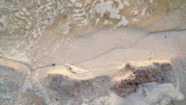 Yumuşak dalga izleri ve açık deniz köpüğüyle ıslak kumsal manzarası. Görüntü, su ve kumun pürüzsüz desenler oluşturmak için buluştuğu kıyı şeridinin doğal dokusunu yakalar.