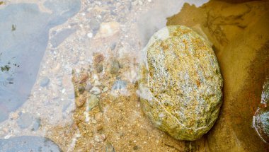 Yuvarlak bir taş, kristal berrak suyun altında, küçük çakıl taşları ve doğal dokularla çevrili, kumlu bir nehir yatağında bulunur. Huzur, doğa saflığı ve çevre sakinliği temaları için idealdir.