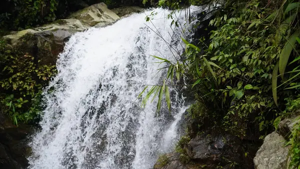 Yumuşak ama güçlü bir şelale büyük kayaların üzerinden akar ve el değmemiş vahşi doğanın kalbinde yatıştırıcı sesler çıkarır.