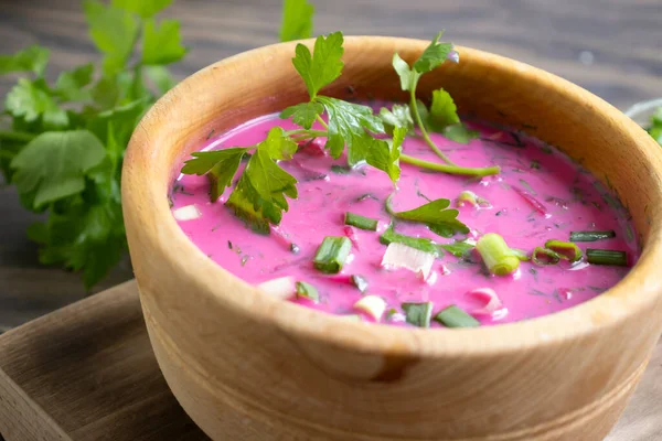 Cold Beetroot Soup Wooden Background — Stock Photo, Image