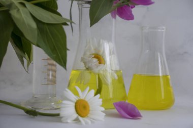 Işık arkaplan üzerinde laboratuvar şişesi çiçeği