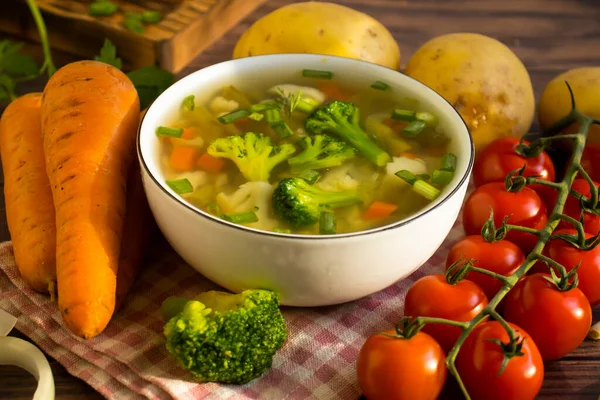Vegetable Soup Broccoli Tomato Old Background — Stock Photo, Image