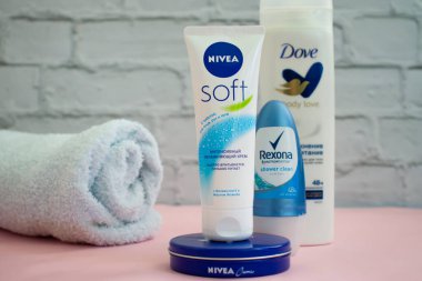 October 11, 2022 Ukraine city Kyiv Rexona deodorant, Nivea cosmetic cream on a light background