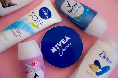October 11, 2022 Ukraine city Kyiv Rexona deodorant, Nivea cosmetic cream on a light background
