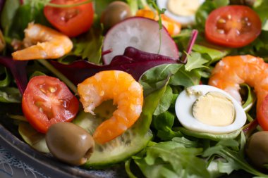 Salad with shrimps, tomatoes in a plate