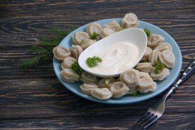 Dumplings with sour cream and herbs on an old background