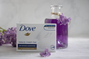 May 21, 2022 Ukraine city Kyiv soap from the company Dove flower lilac on a light background