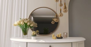 Nightstand, mirror interior design 3d render, 3d illustration