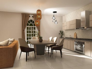 Kitchen interior design 3d render, 3d illustration
