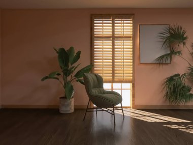 Oda içi koltuk, bitki, 3D görüntü, 3D görüntü.