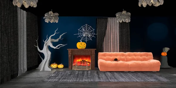 Wnętrze Pokoju Halloween Wakacje Renderowania Ilustracja — Zdjęcie stockowe