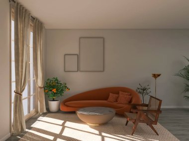 Living room design, 3d render, 3d illustration