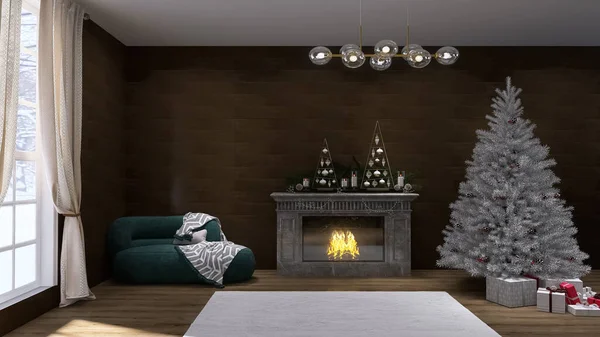 Festive Interior Design Fireplace Room Christmas Render — Photo