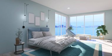 Bedroom interior design 3d render, 3d illustration clipart