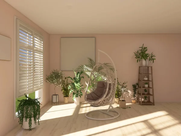 リビングルームのインテリアデザイン 植物の3Dレンダリング 3Dイラスト — ストック写真