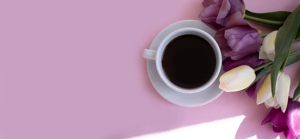 Cup of coffee, tulip flower on a colored background