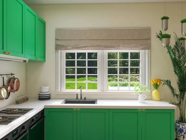 Kitchen Design Window Render Illustration — Stock Photo, Image