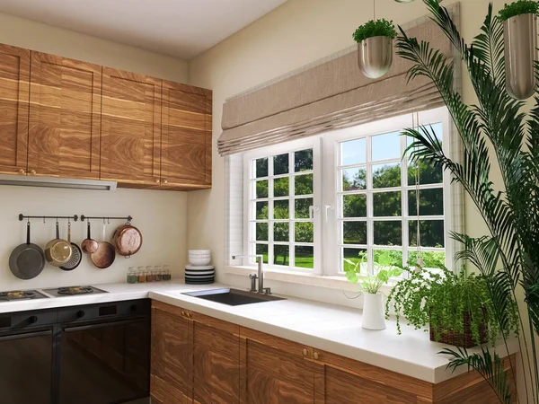 Kitchen Design Window Render Illustration — Stock Photo, Image