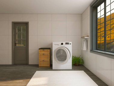 Banyo içi, çamaşır makinesi 3D görüntü, 3D görüntü