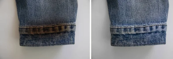 Mancha Jeans Antes Depois Limpeza — Fotografia de Stock